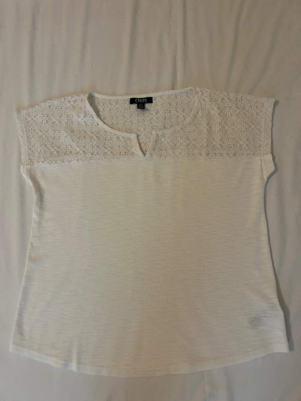 Chaps White Lace Yoke Short Sleeve Knit Top Ladies size L